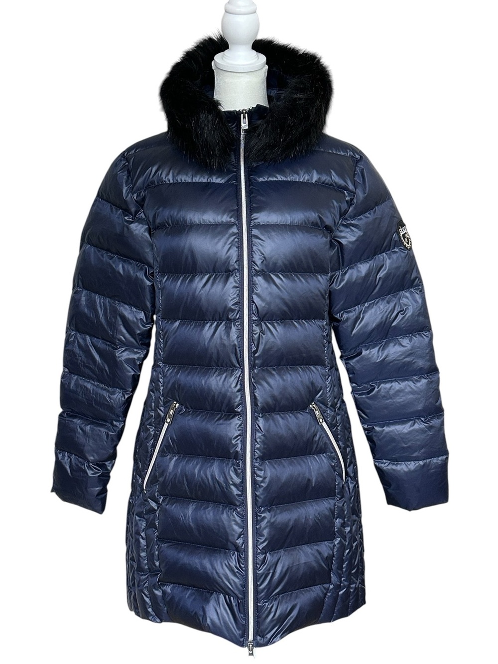 SKEA Women's Navy Blue Down Puffer Parka Black Faux Fur Collar Jacket Size 8